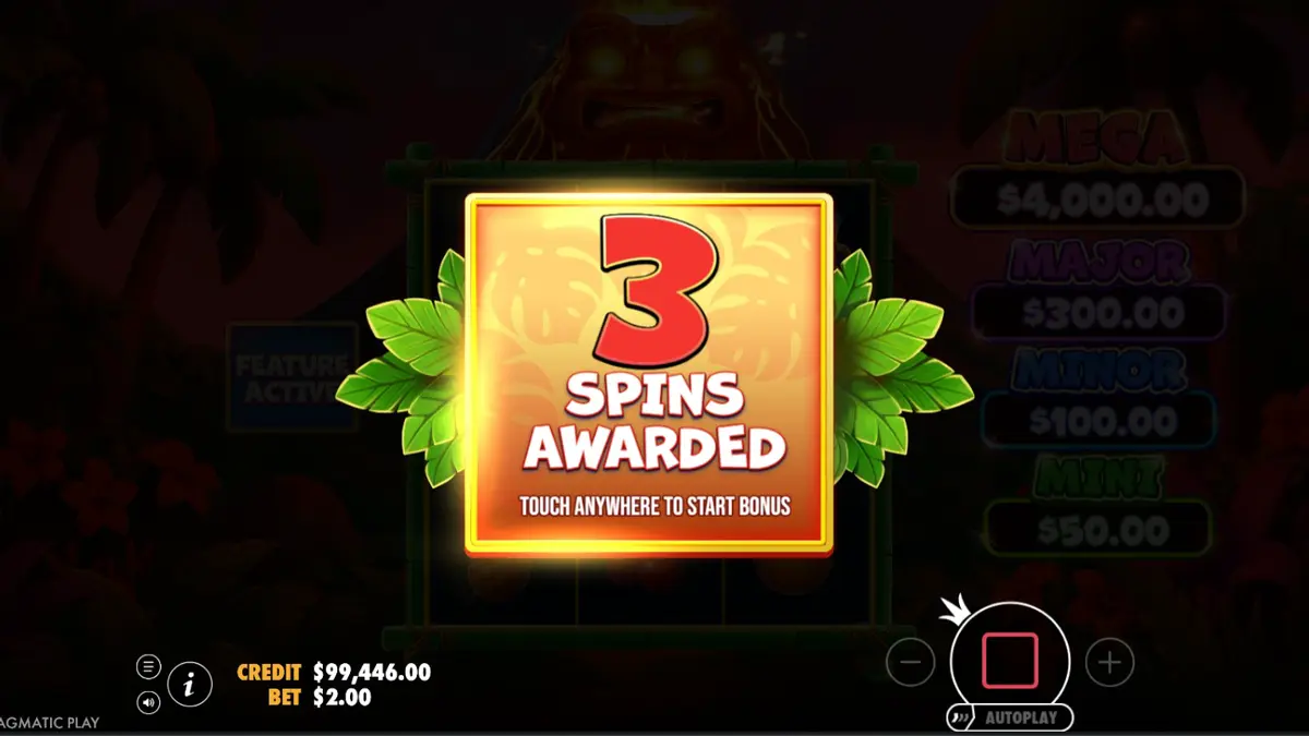Interface vibrante e tropical do slot Super Tiki Strike com tema de ilha e vulcão