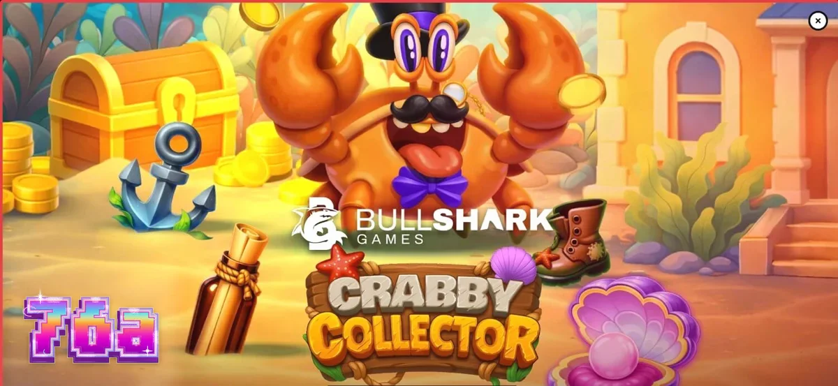 O caranguejo elegante de monóculo em Crabby Collector cercado por tesouros subaquáticos.